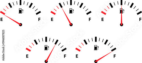 Fuel Level Gauge Indicator Set Gasoline Tank Meter Dashboard Vector Isolated on Transparent