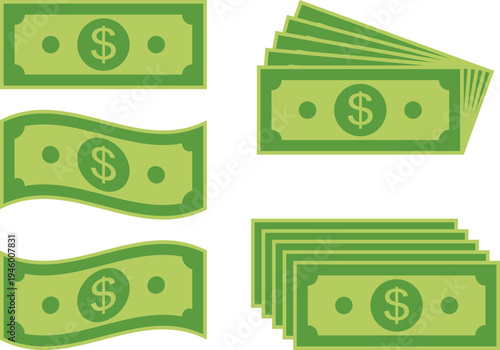 Dollar Banknotes Set Flat Money Stack Wavy Dollar Bills Vector Isolated on Transparent