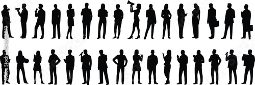 Silhouettes of diverse business professionals, speaking, presenting, holding briefcases, microphones, megaphones, teamwork, leadership, communication, corporate diversity, illustration concept