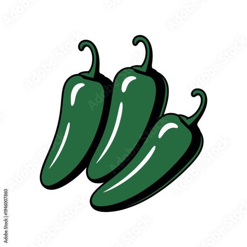 A vibrant illustration of three green jalapeno peppers on a white background