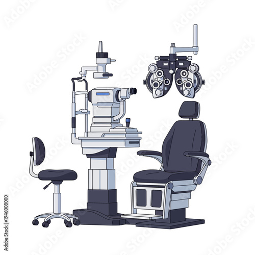 Medical Equipment Illustration: Ophthalmic Examination Room Featuring Optometry Instruments