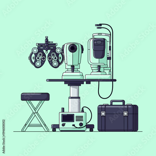 Medical Equipment Illustration Showcasing Advanced Eye Examination Instruments and Tools for