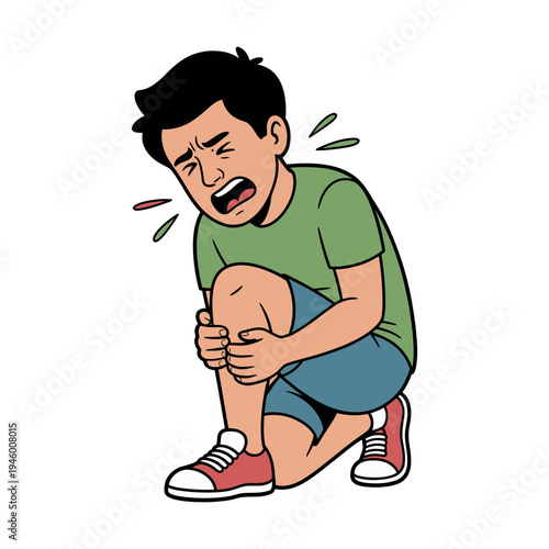A man clutching his knee in pain on a white background with a worried expression