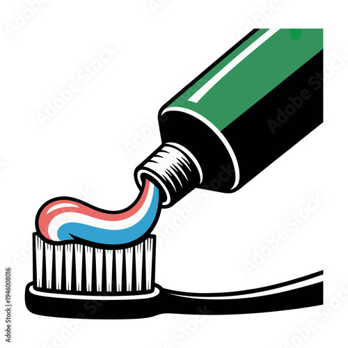 A tube of toothpaste squeezing colorful paste onto a toothbrush head.