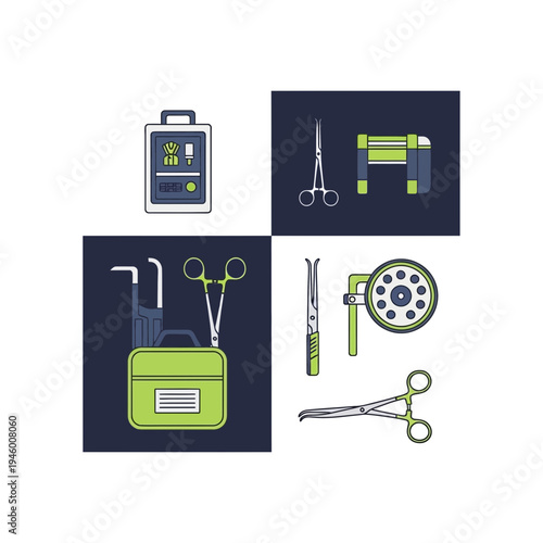 Medical Equipment Illustration: Surgical Tools and Instruments Displayed in a Creative Design