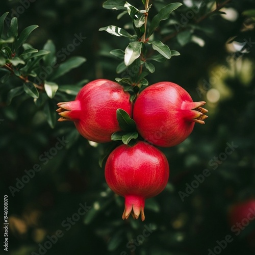 Pomegranates Image of Three Ripe Red Fruits in Triangular Arrangement with Glossy Skin and Lush Green Foliage