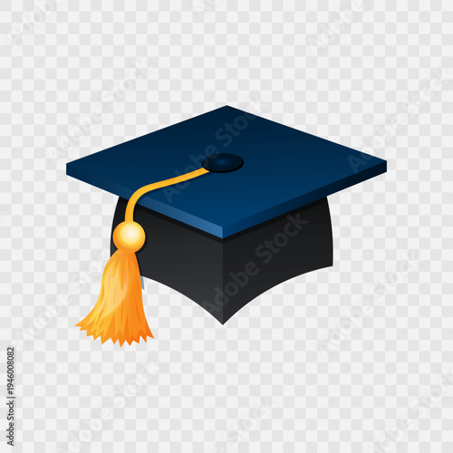 Bllue graduation cap isolated on transparent background.  Graduation hat  icon with gradient effect. School, college or  university graduation ceremony sign. Educational sticker. Vector illustration