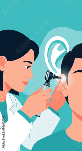 Medical Examination Illustrating An Otoscope Examining The Patient's Ear To Find An Issue