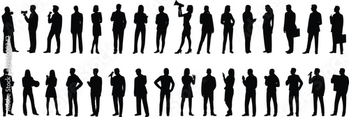 Business people silhouettes collection, professional men and women standing poses, corporate teamwork leadership concept, isolated black vector illustration