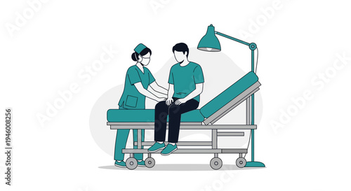 Medical Examination Illustration: Nurse Assisting Patient on Examination Table for Healthcare