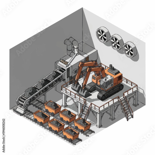 Industrial Excavator Loading Coal onto Conveyor System.