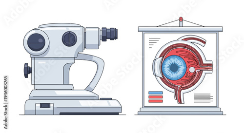 Medical Examination Illustration Featuring Eye Anatomy And Ophthalmic Diagnostic Equipment