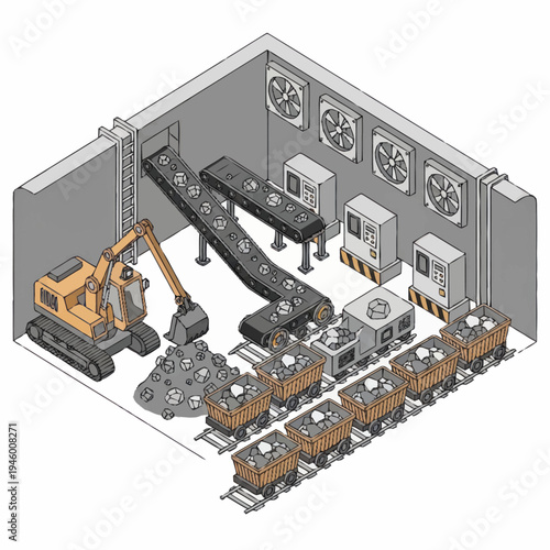 Industrial Mining Operation with Excavator and Conveyor System.