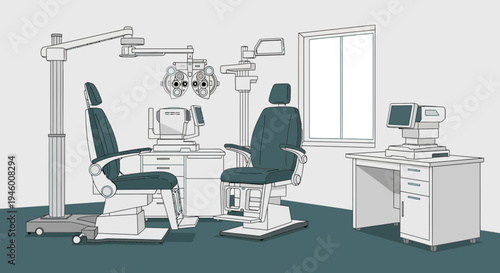 Medical Examination Room Depicting Ophthalmology Equipment Used for Vision Testing