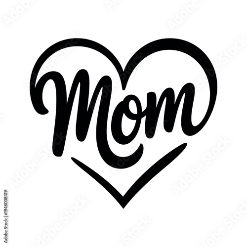A heartwarming illustration of the word 'Mom' in a stylized heart shape on a white background