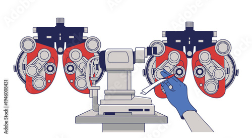 Medical Eye Examination Illustration Depicting a Vision Test Instrument and Doctor's Hand