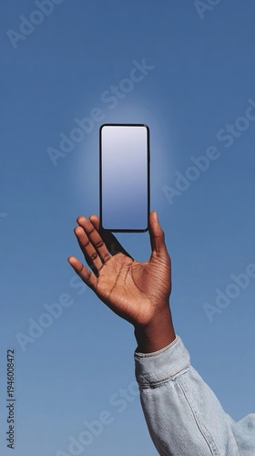 Plakat w ramie Smartphone tenuto in mano da un uomo, contro uno sfondo azzurro cielo.