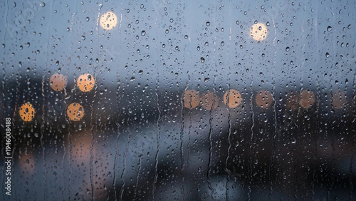 Rainy Window Illustration of Water Droplets and Streaks with Blurred City Lights in Twilight Atmosphere