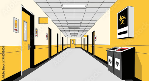 Medical Facility Corridor With Infectious Waste Sign, Perspective Art Illustration