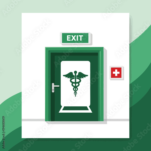Medical Facility Emergency Exit Door: Emblem Design and Safety Signage Concept
