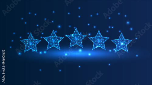 Abstract illustration of five stars rating in low poly style. Blue geometric background depicting customer feedback for excellent service or business award concept by wireframe connection structure
