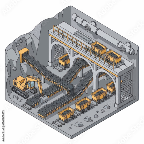 Mining operation with excavator and conveyor belt system.