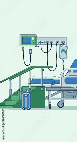 Medical Facility Illustration Showcasing Advanced Monitoring Equipment Near Patient's Bedside