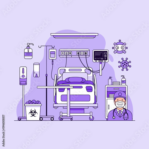 Medical Facility Illustration Showcasing Equipment for Patient Care, with Healthcare Professional