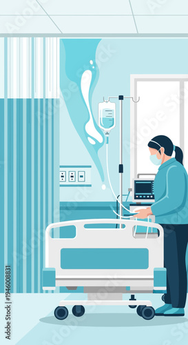 Medical Facility Illustration Showcasing Healthcare Professional Attending to Hospital Patient