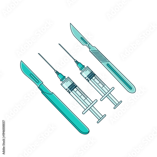 Medical Illustration Featuring Scalpels And Syringes Depicting Healthcare And Surgical Procedures