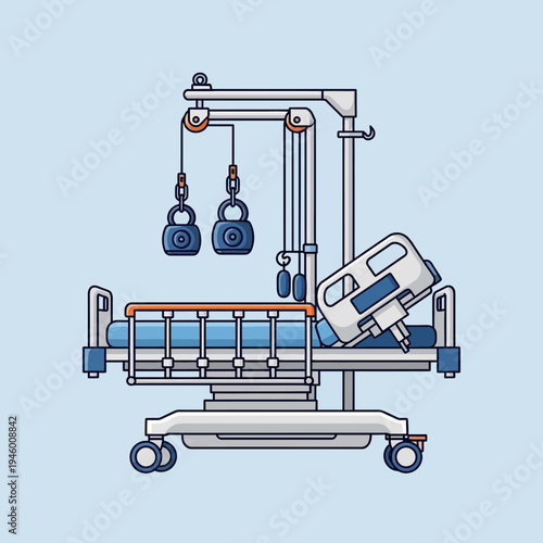Medical Illustration Featuring Specialized Hospital Bed With Pulley System For Orthopedic Care