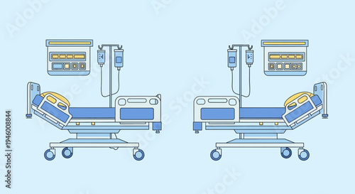 Medical Facility Illustration Showcasing Hospital Beds With Infusion Devices, Vector Art