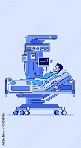 Medical Illustration Depicting Hospital Equipment and Patient Undergoing Treatment in Intensive