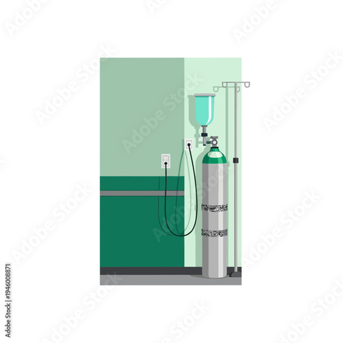 Medical Facility Illustration Showcasing Oxygen Tank, IV Drip, and Electrical Outlet in a Hospital