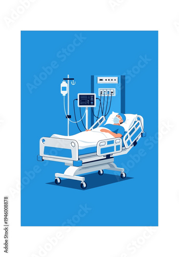 Medical Illustration Depicting Patient Care In Intensive Treatment Unit With Critical Equipment