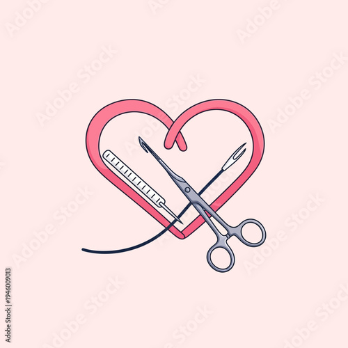 Medical Illustration Featuring Surgical Instruments Within a Heart Shape Symbolizing Care and Health
