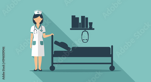 Medical Illustration Featuring a Nurse Beside a Patient Bed for Healthcare Concepts