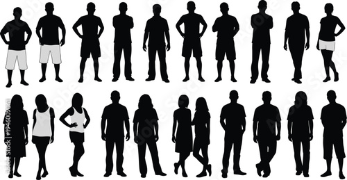 people silhouettes collection, diverse men women standing, casual human figures set, black isolated characters, crowd profile illustration bundle