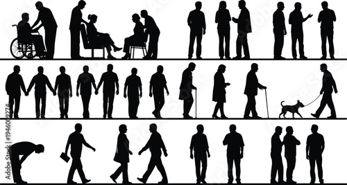People silhouettes collection, human activities set, walking standing talking figures, wheelchair assistance, elderly walking cane, community interaction concept illustration