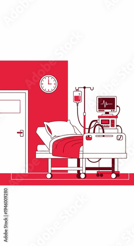 Medical Illustration: Hospital Room Interior Depicting Intensive Care and Healthcare Equipment