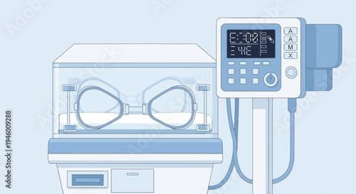 Medical Illustration: Neonatal Incubator With Monitoring Device Depicting Healthcare Technology
