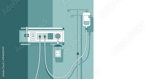 Medical Illustration Featuring IV Drip and Hospital Equipment on Turquoise Background
