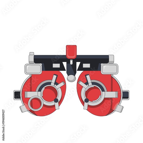 Medical Illustration Of A Red And Silver Phoropter Instrument Against A White Background