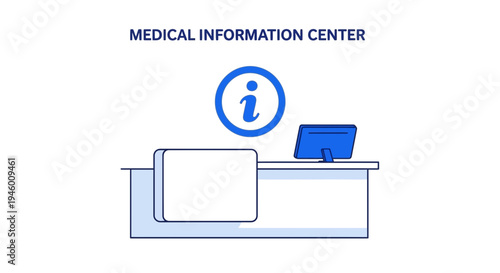 Medical Information Center: Modern Reception Desk with Computer and Information Icon