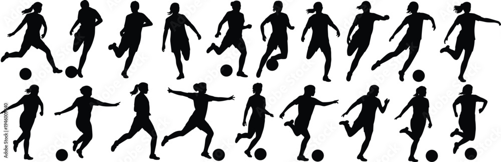 Obraz premium Silhouette soccer players in action, running, kicking, dribbling, striking ball, dynamic sports illustration, athletic movement, football training concept
