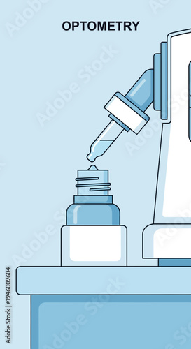 Medical Illustration Featuring Optometry Equipment And Eye Drops In Diagnostic Procedure