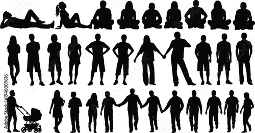 people silhouettes collection, men women poses, standing sitting walking figures, couple holding hands, everyday lifestyle concept, isolated black silhouettes