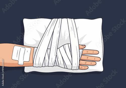 Medical Illustration Of Bandaged Arm On Pillow Shows Injury Recovery And Healthcare Concepts