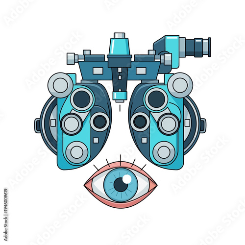 Medical Illustration Of Blue Ophthalmic Testing Equipment And A Detailed Human Eye