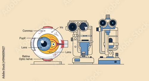 Medical Illustration Of Eye Anatomy And Ophthalmology Equipment For Vision Examination